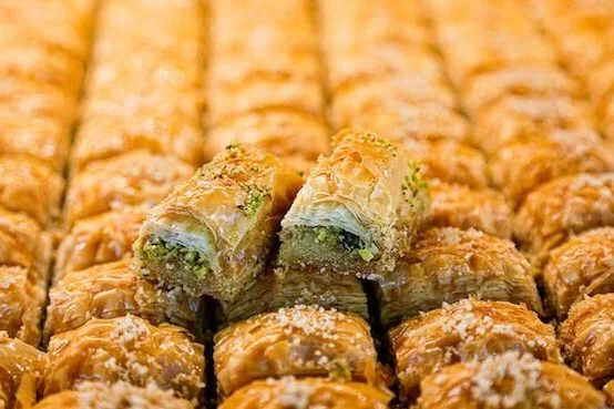 In our menu we serve sweet and flaky baklava pastry with chopped nuts and honey